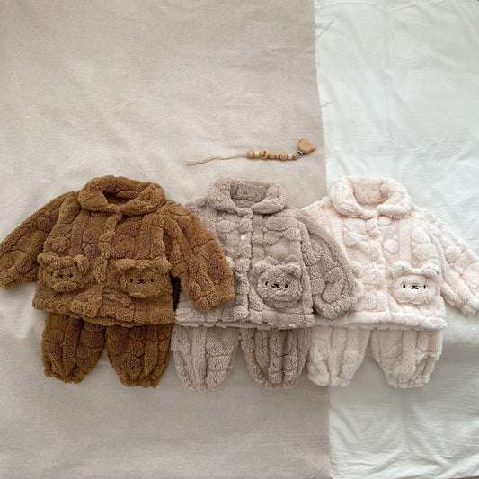 Bear Plush Coat Baby Velvet Pajamas Two-piece Set.