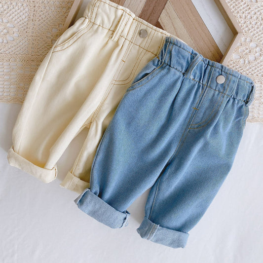 Baby Solid Color Casual High Waist Soft Jeans.