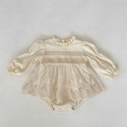 Baby Girl Waffle Lace Long-sleeve Jumpsuit